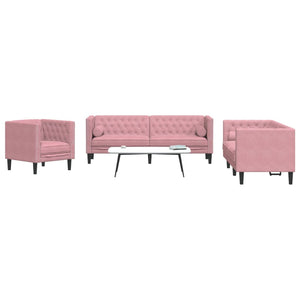 Set Divani Chesterfield 3pz con Cuscini Rosa Velluto