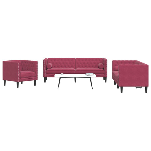 Set Divani Chesterfield 3pz con Cuscini Rosso Vino Velluto 3209285