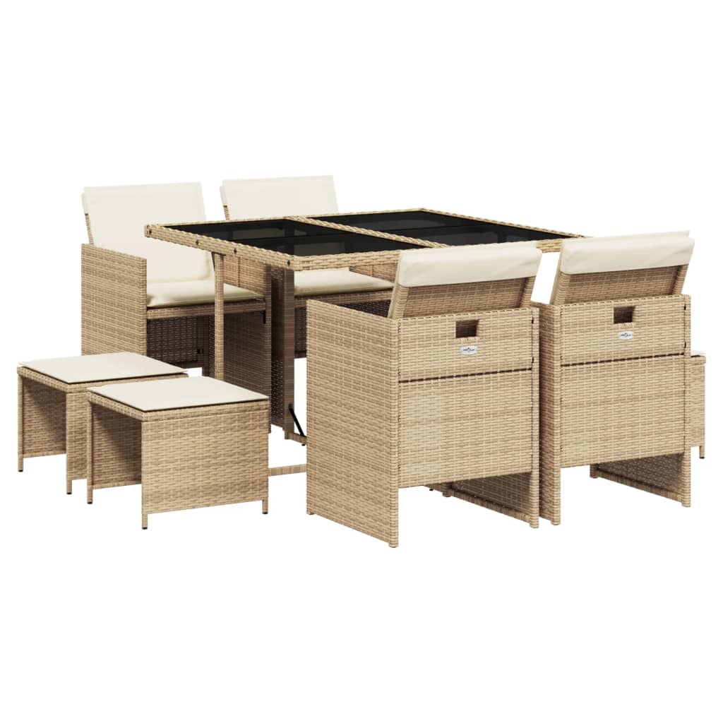 Set da Pranzo da Giardino 9 pz con Cuscini Beige in Polyrattan 3210598