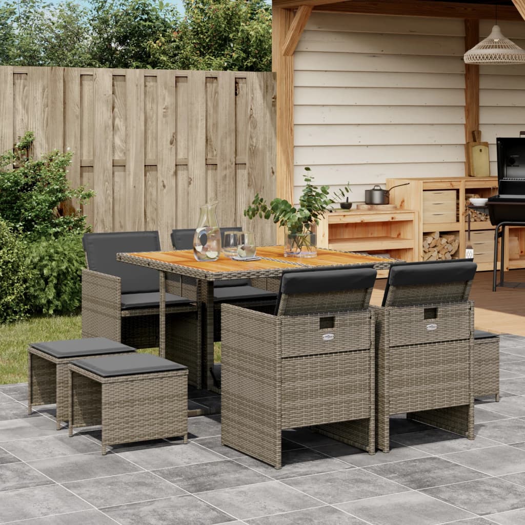 Set da Pranzo da Giardino 9 pz con Cuscini in Polyrattan Grigio 3210602