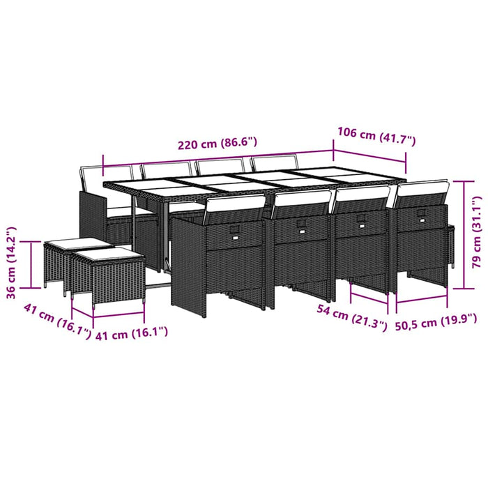 Set da Pranzo da Giardino 13pz con Cuscini Nero in Polyrattan 3210618