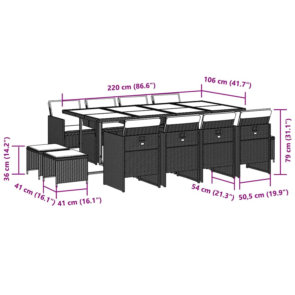 Set da Pranzo da Giardino 13pz con Cuscini Nero in Polyrattan 3210618