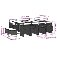 Set da Pranzo da Giardino 13pz con Cuscini Nero in Polyrattan 3210618