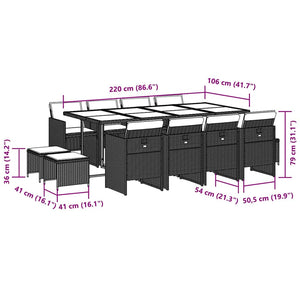 Set da Pranzo da Giardino 13pz con Cuscini Nero in Polyrattan 3210618