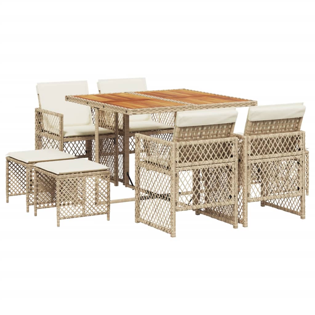 Set da Pranzo da Giardino 9 pz con Cuscini Beige in Polyrattan 3210784