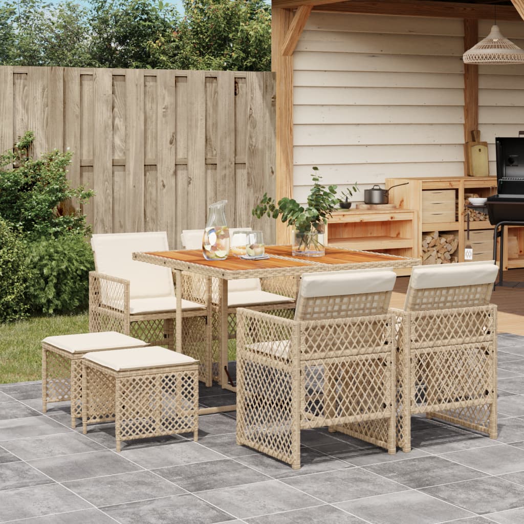 Set da Pranzo da Giardino 9 pz con Cuscini Beige in Polyrattan 3210784