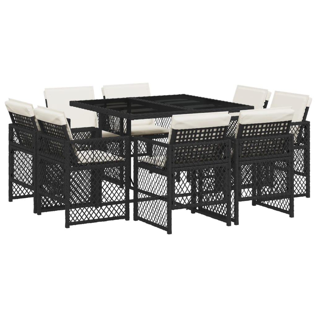 Set da Pranzo da Giardino 9 pz con Cuscini Nero in Polyrattan 3210834