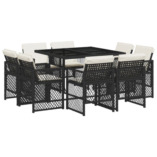 Set da Pranzo da Giardino 9 pz con Cuscini Nero in Polyrattan 3210834