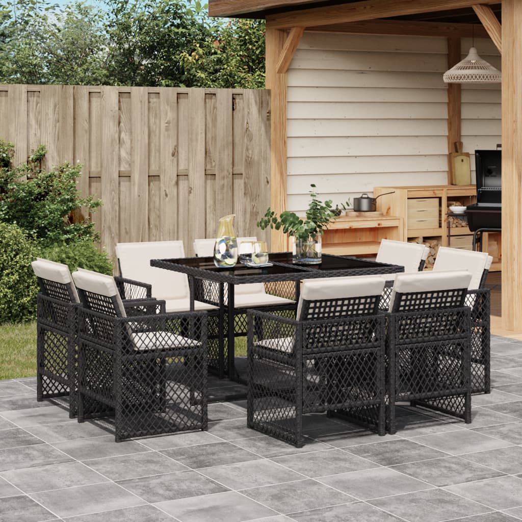 Set da Pranzo da Giardino 9 pz con Cuscini Nero in Polyrattan 3210834