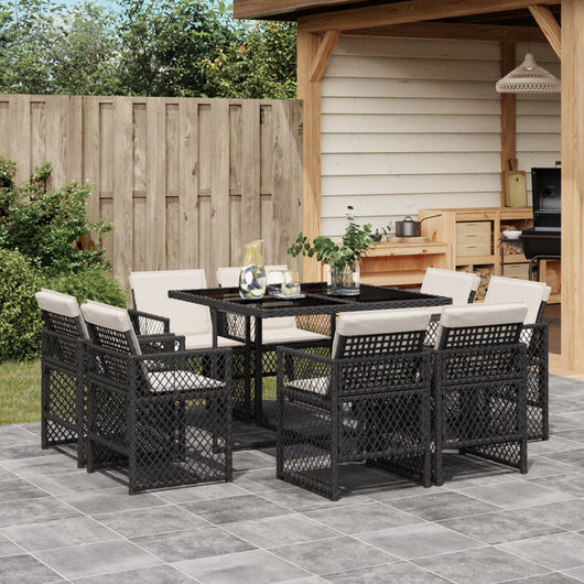 Set da Pranzo da Giardino 9 pz con Cuscini Nero in Polyrattan 3210834