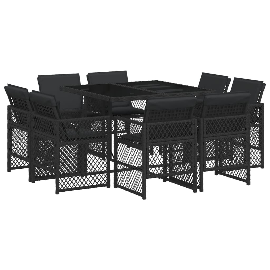 Set da Pranzo da Giardino 9 pz con Cuscini Nero in Polyrattan 3210835