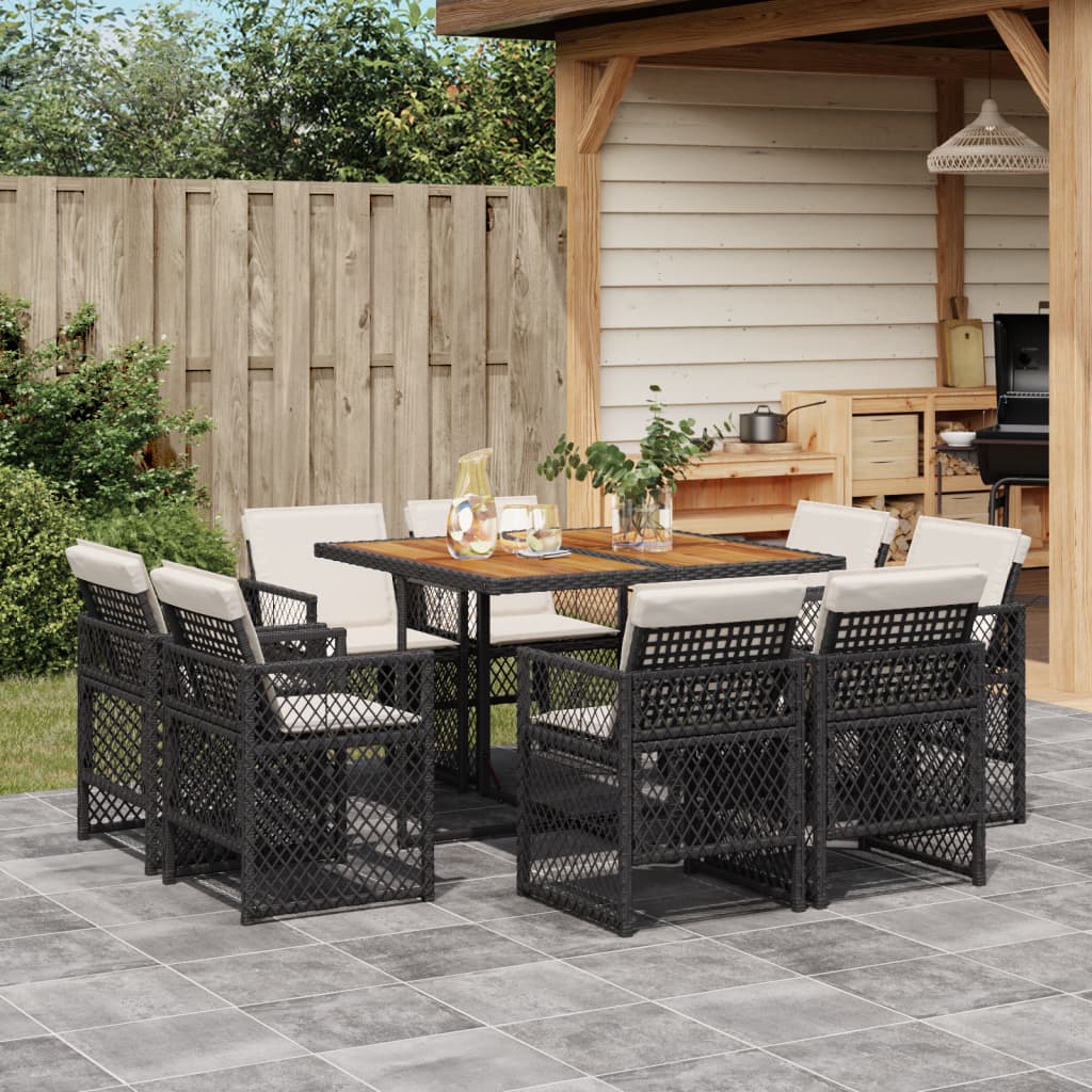 Set da Pranzo da Giardino 9 pz con Cuscini Nero in Polyrattan 3210843