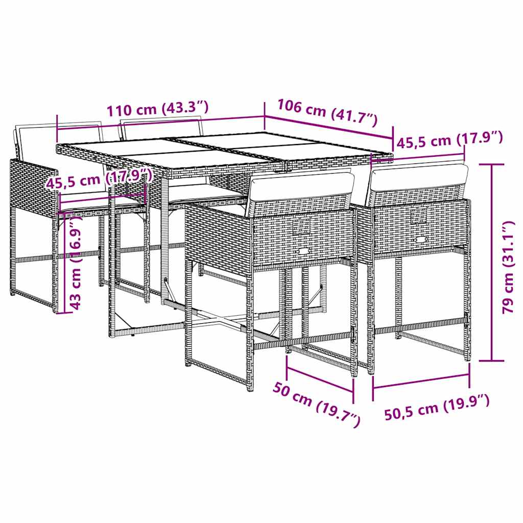 Set da Pranzo da Giardino 5 pz con Cuscini in Polyrattan Grigio