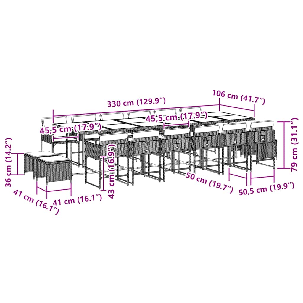 Set da Pranzo da Giardino 17pz con Cuscini Grigio in Polyrattan