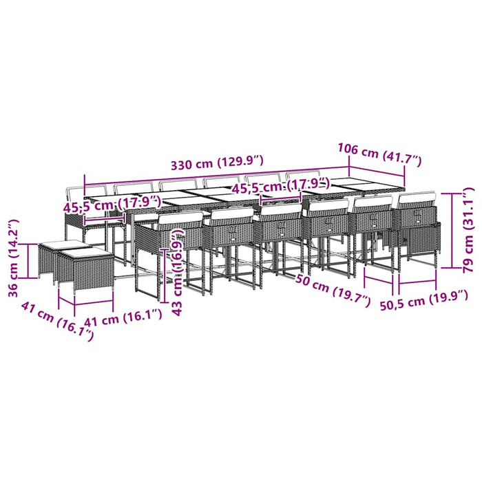 Set da Pranzo da Giardino 17pz con Cuscini Grigio in Polyrattan