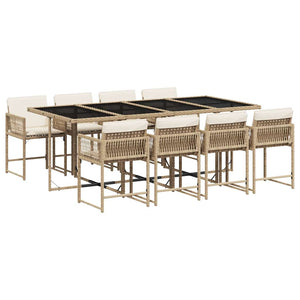 Set da Pranzo da Giardino 9 pz con Cuscini Beige in Polyrattan