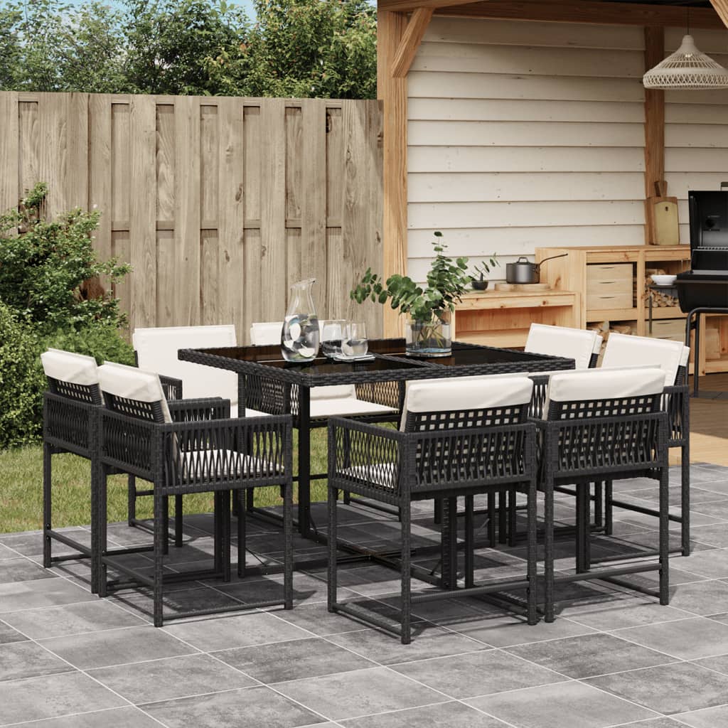 Set da Pranzo da Giardino 9 pz con Cuscini Nero in Polyrattan 3211554