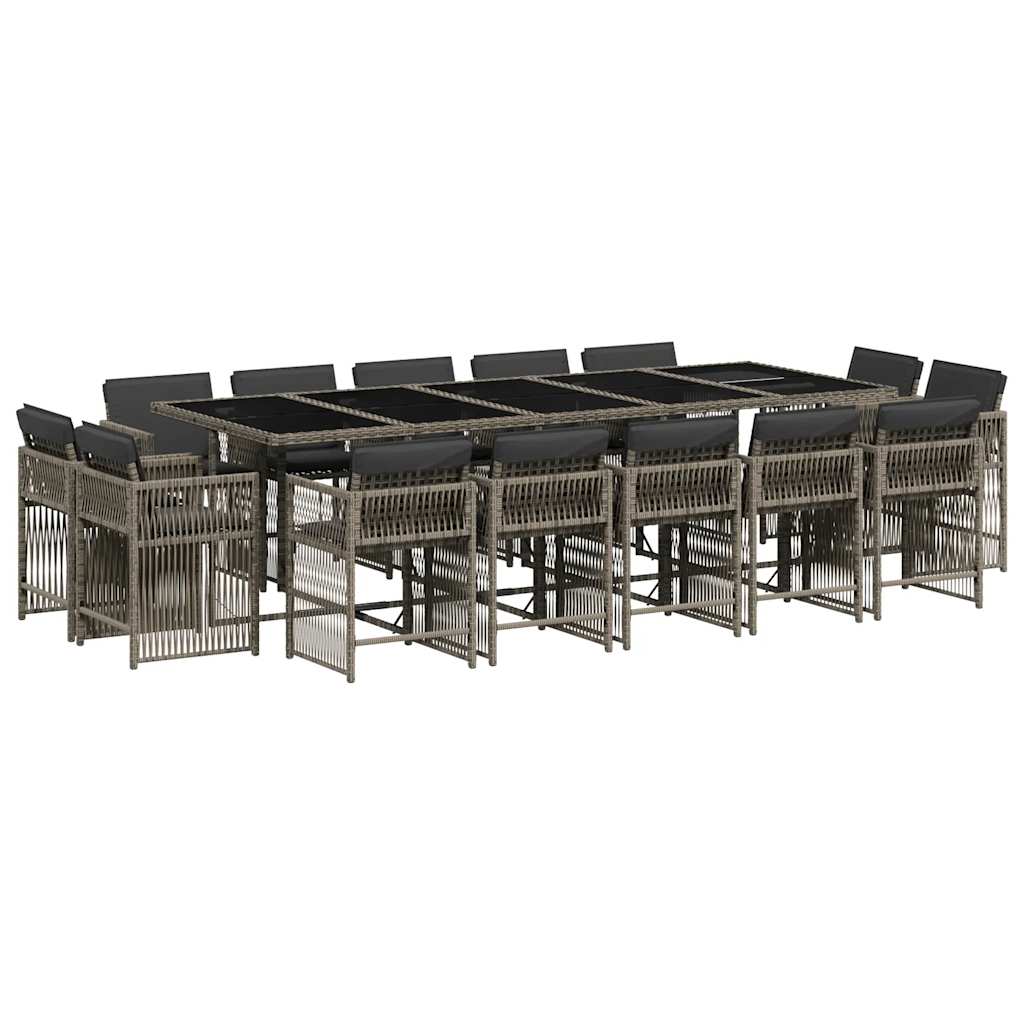 Set da Pranzo da Giardino 15 pz con Cuscini Grigio Polyrattan