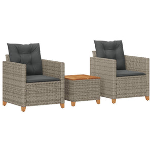 Set da BistrÃ² 3 pz con Cuscini Grigio Polyrattan e Legno Acaciacod mxl 90420