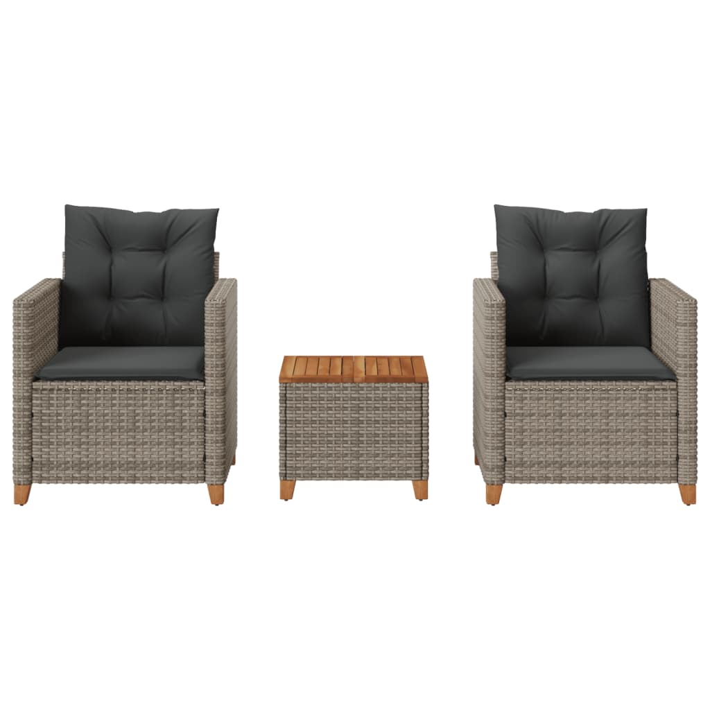 Set da BistrÃ² 3 pz con Cuscini Grigio Polyrattan e Legno Acaciacod mxl 90420