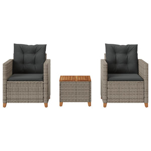 Set da BistrÃ² 3 pz con Cuscini Grigio Polyrattan e Legno Acaciacod mxl 90420