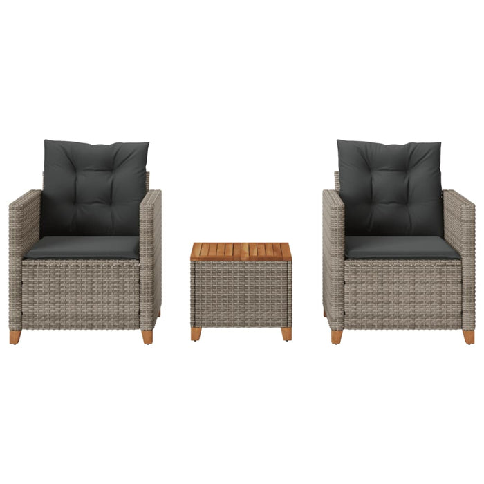 Set da BistrÃ² 3 pz con Cuscini Grigio Polyrattan e Legno Acaciacod mxl 90420
