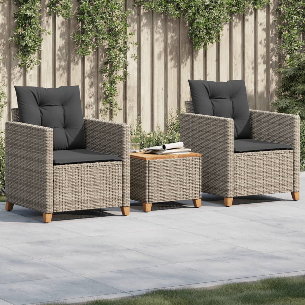Set da BistrÃ² 3 pz con Cuscini Grigio Polyrattan e Legno Acaciacod mxl 90420