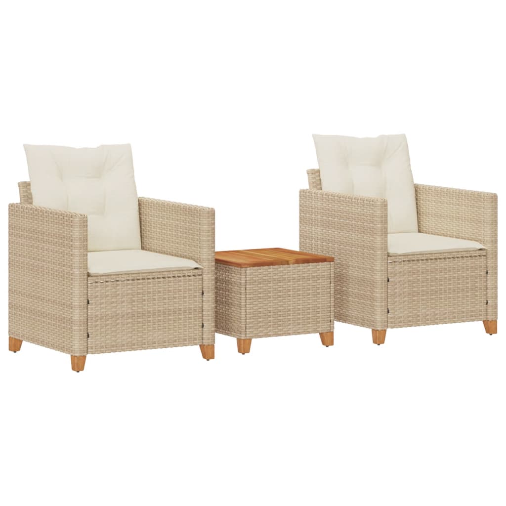 Set da BistrÃ² 3 pz con Cuscini Beige Polyrattan e Legno Acaciacod mxl 115238