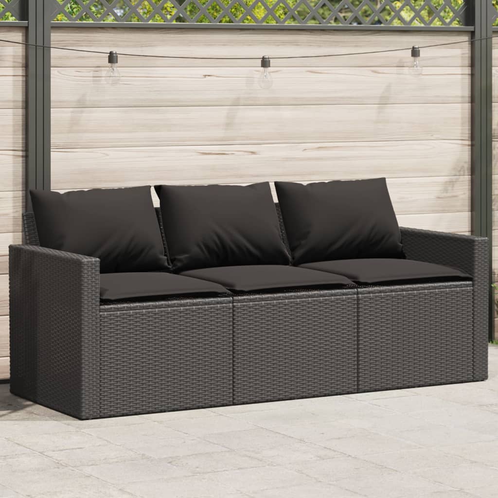 Divano da Giardino a 3 Posti con Cuscini Nero in Polyrattan 366341