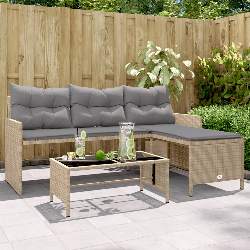 Divano Giardino con Tavolo e Cuscini a L-Sofa da Giardino-Divanetto da esterno Beige Misto Polyrattan