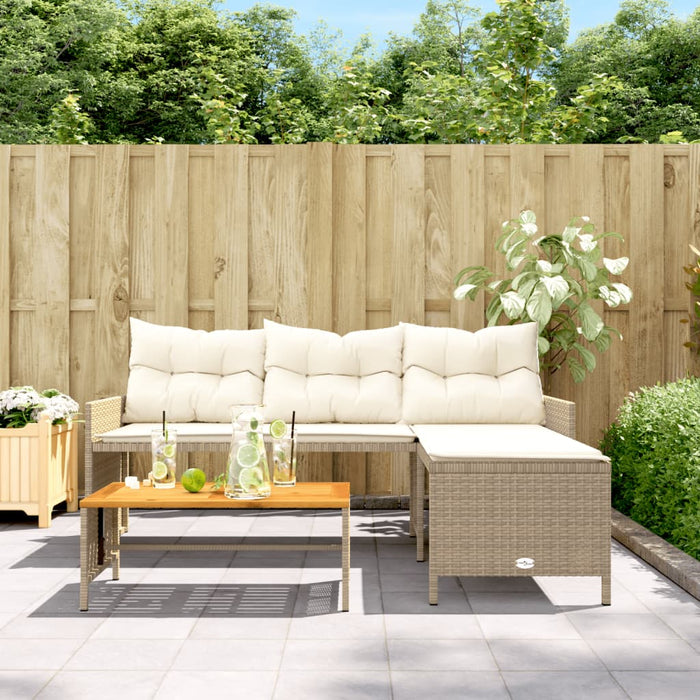Divano da Giardino con Tavolo e Cuscini a L Beige in Polyrattan 365583