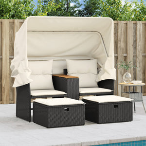 Divano Giardino 2 Posti-Sofa da Giardino-Divanetto da esterno Baldacchino e Sgabelli Nero Polyrattan 692730