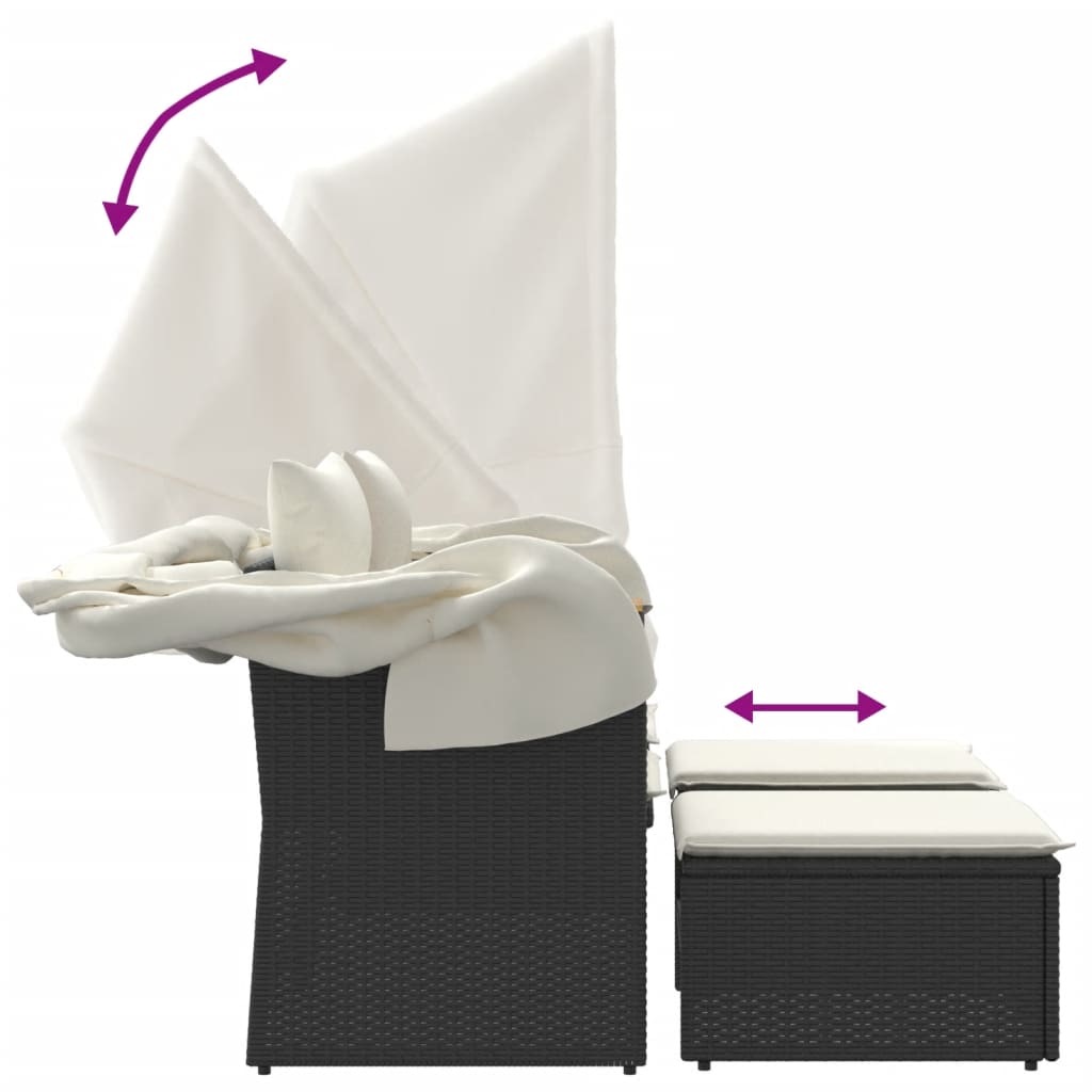 Divano Giardino 2 Posti-Sofa da Giardino-Divanetto da esterno Baldacchino e Sgabelli Nero Polyrattan 692730