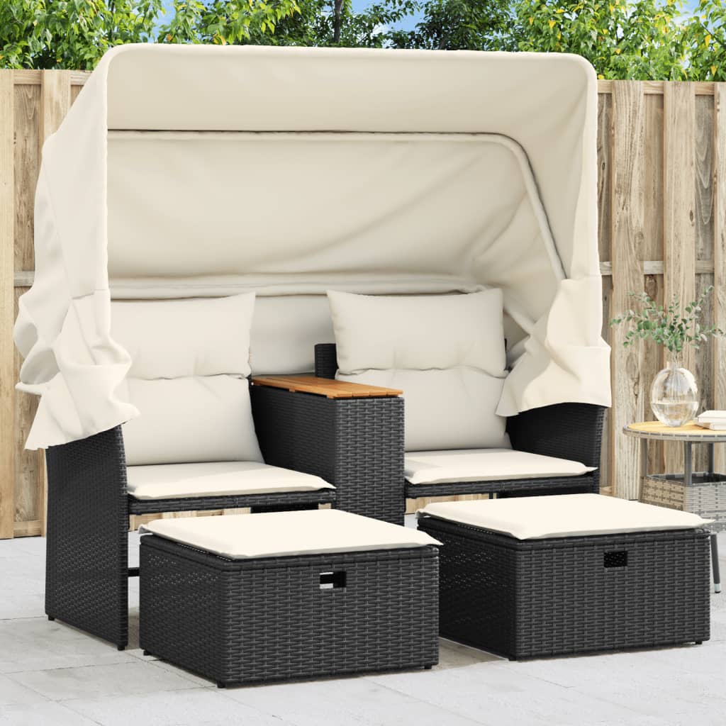 Divano Giardino 2 Posti-Sofa da Giardino-Divanetto da esterno Baldacchino e Sgabelli Nero Polyrattan 692730