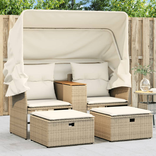 Divano Giardino 2 Posti-Sofa da Giardino-Divanetto da esterno Baldacchino e Sgabelli Beige Polyrattan 923908