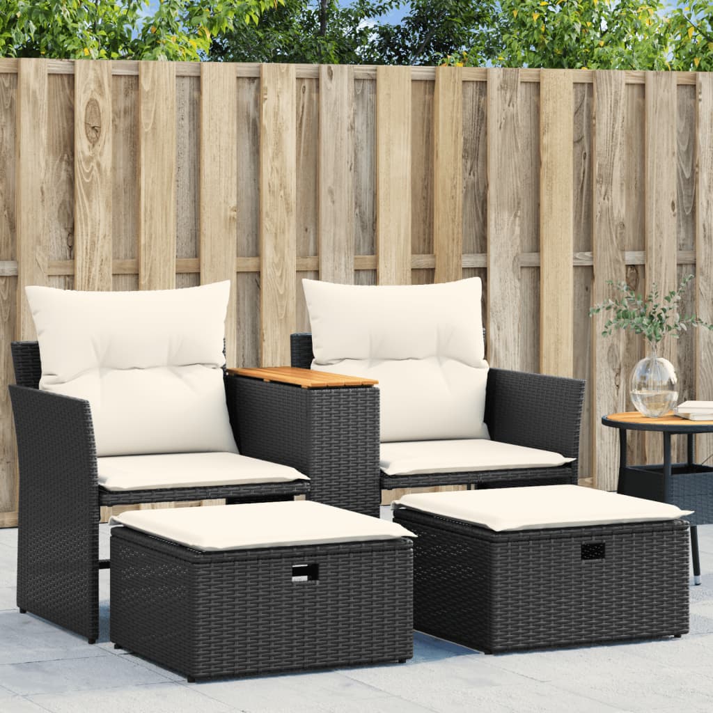 Divano da Giardino 2 Posti con Sgabelli Nero in Polyrattancod mxl 88196