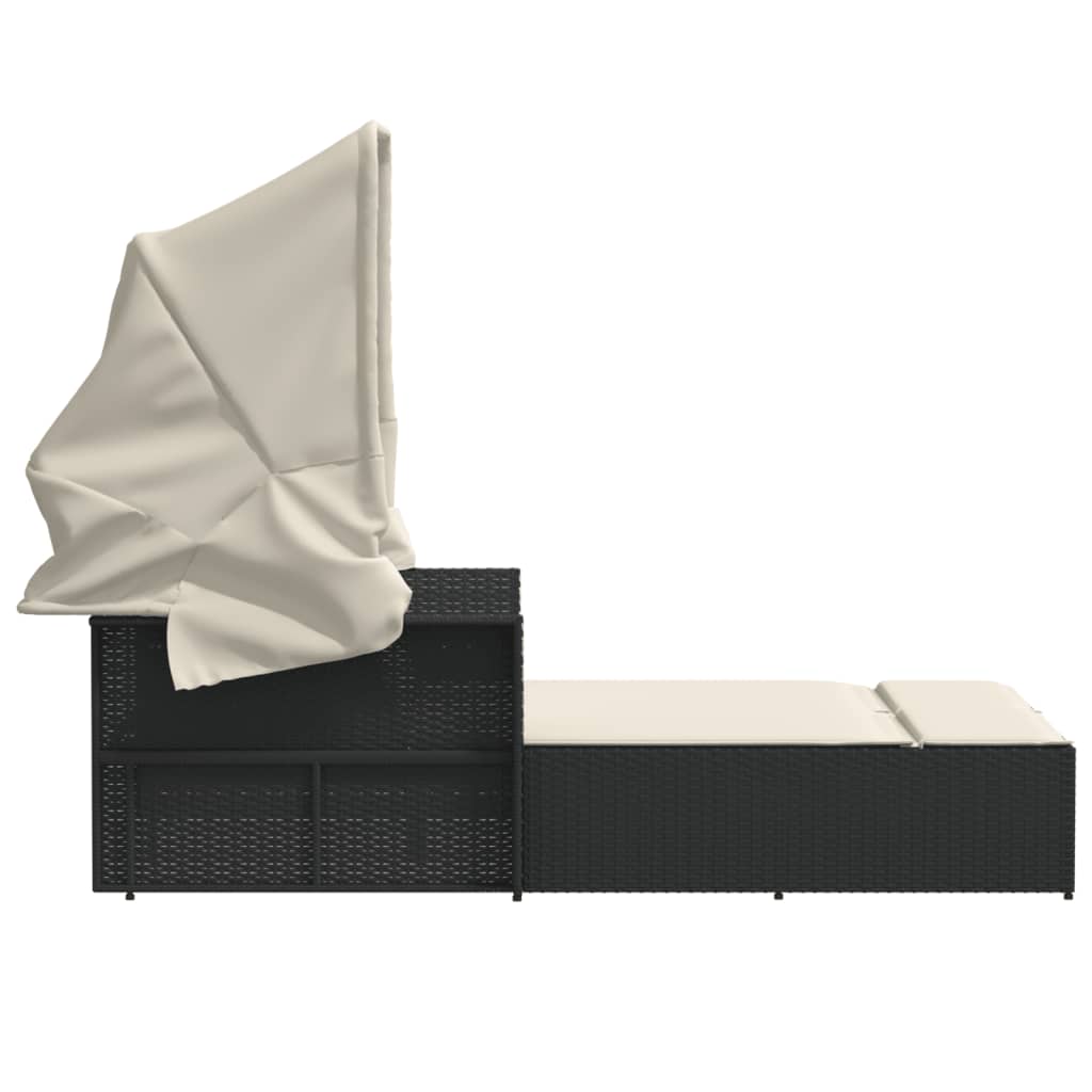 Lettino Prendisole Doppio Baldacchino e Cuscini Nero Polyrattan 365806