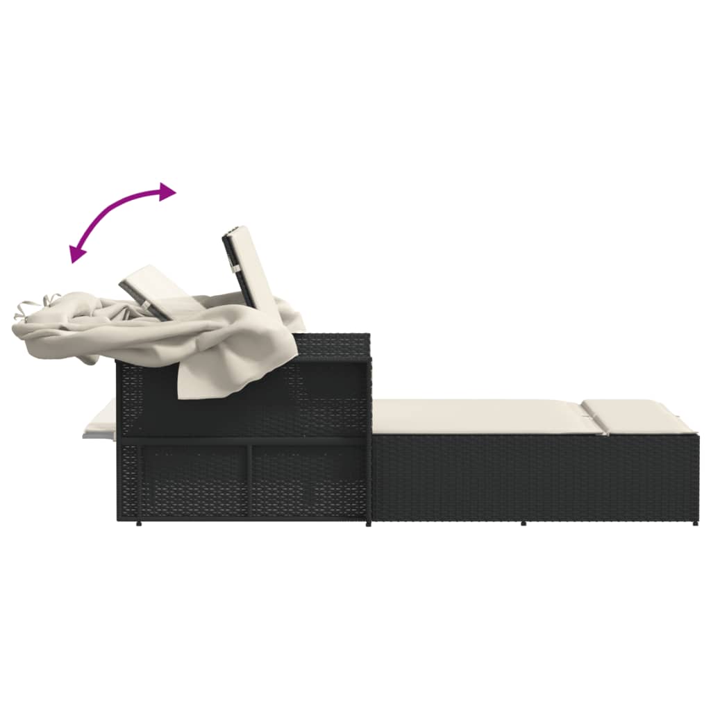 Lettino Prendisole Doppio Baldacchino e Cuscini Nero Polyrattan 365806