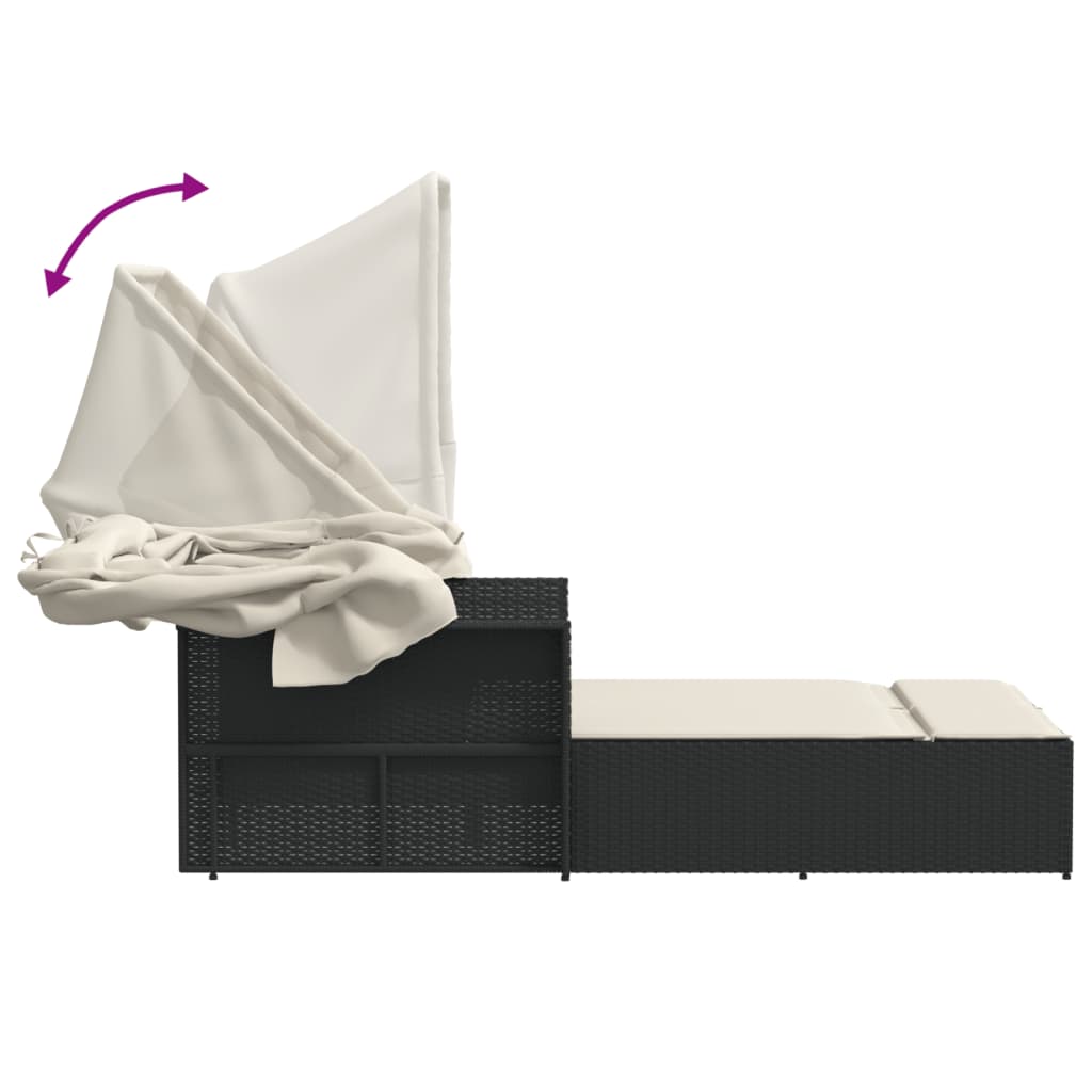 Lettino Prendisole Doppio Baldacchino e Cuscini Nero Polyrattan 365806