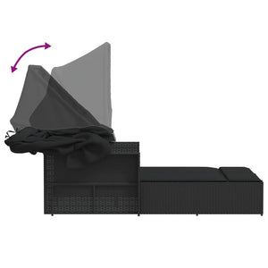 Lettino Prendisole Doppio Baldacchino e Cuscini Nero Polyrattan 365807