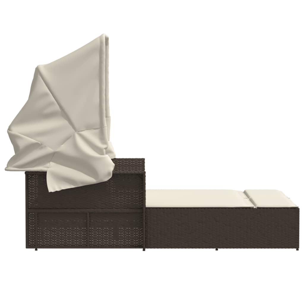 Lettino Doppio con Baldacchino e Cuscini Marrone in Polyrattan 365808