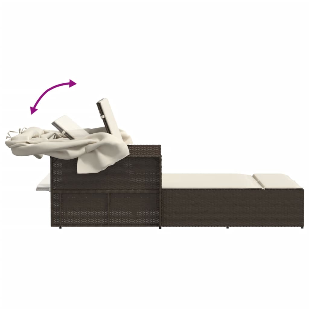 Lettino Doppio con Baldacchino e Cuscini Marrone in Polyrattan 365808