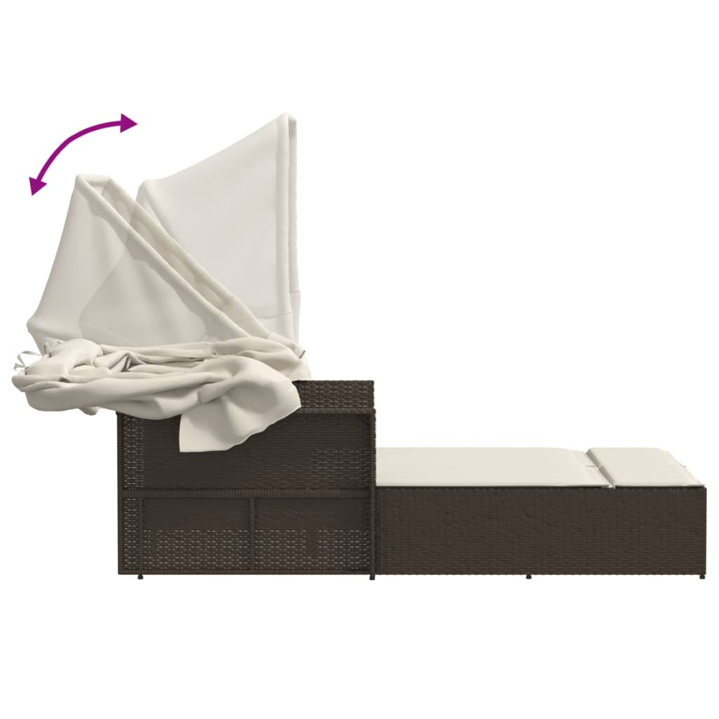 Lettino Doppio con Baldacchino e Cuscini Marrone in Polyrattan 365808