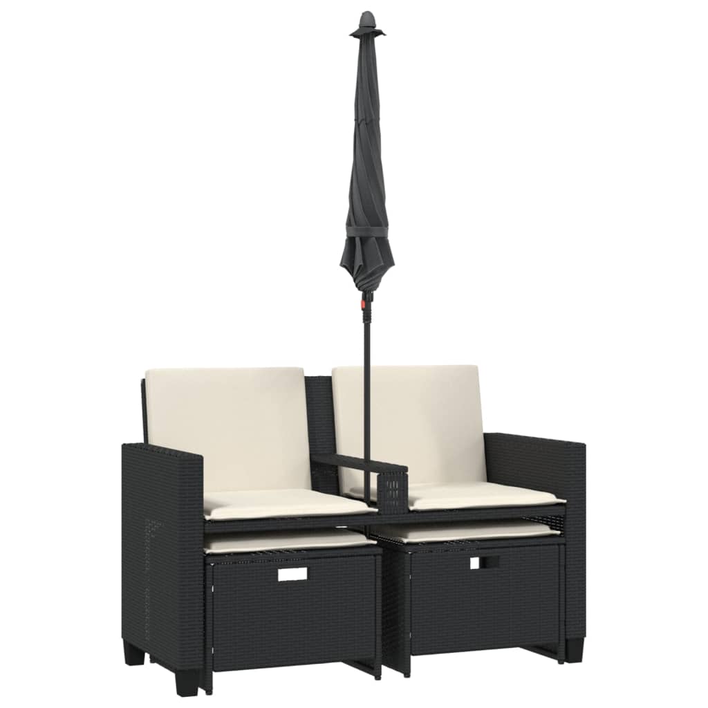 Divano Giardino 2 Posti Ombrellone e Sgabelli Nero Polyrattan 365882
