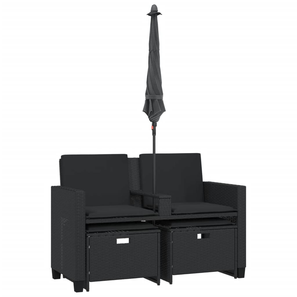 Divano Giardino 2 Posti-Sofa da Giardino-Divanetto da esterno Ombrellone e Sgabelli Nero Polyrattan 270598