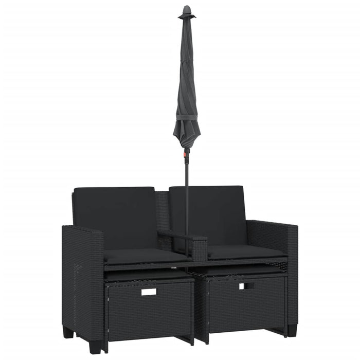 Divano Giardino 2 Posti-Sofa da Giardino-Divanetto da esterno Ombrellone e Sgabelli Nero Polyrattan 270598