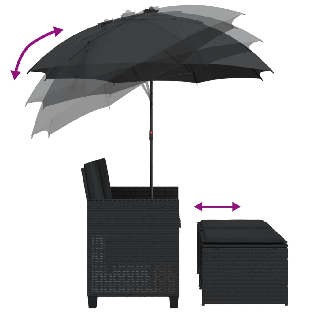 Divano Giardino 2 Posti-Sofa da Giardino-Divanetto da esterno Ombrellone e Sgabelli Nero Polyrattan 270598