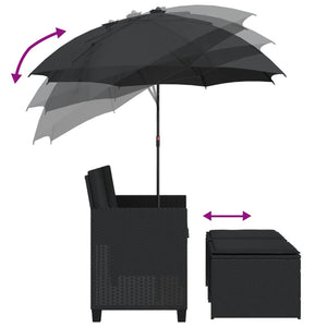 Divano Giardino 2 Posti-Sofa da Giardino-Divanetto da esterno Ombrellone e Sgabelli Nero Polyrattan 270598