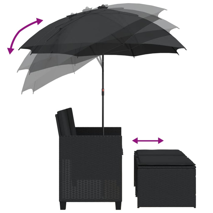 Divano Giardino 2 Posti-Sofa da Giardino-Divanetto da esterno Ombrellone e Sgabelli Nero Polyrattan 270598