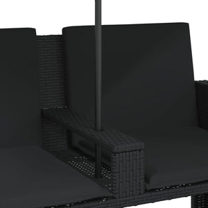 Divano Giardino 2 Posti-Sofa da Giardino-Divanetto da esterno Ombrellone e Sgabelli Nero Polyrattan 270598